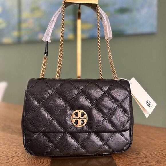 NWT! NEW! Tory Burch Willa Quilted Leather Shoulder Bag Small -Women Black - Picture 1 of 11